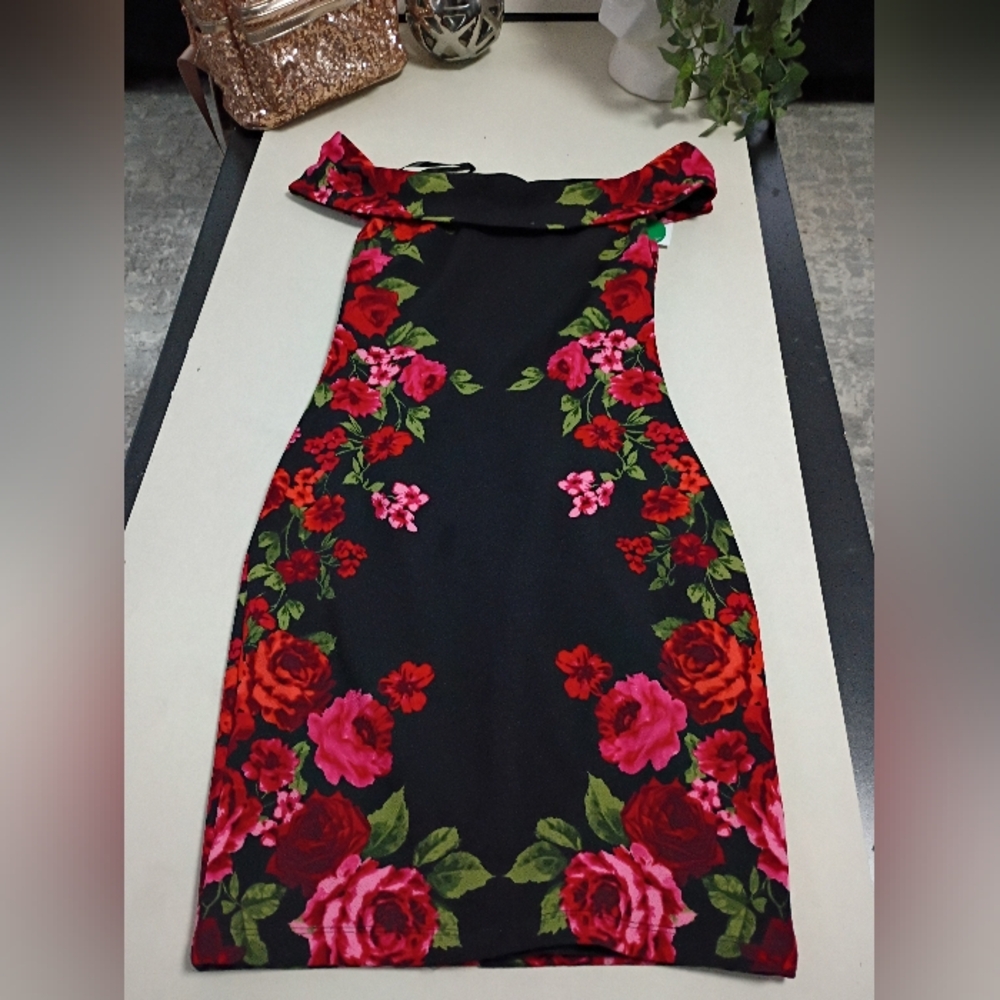 Premier Strapless Black Dress with Red Floral Design